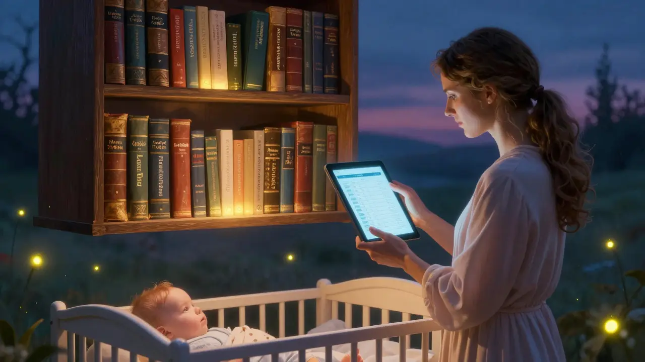 Biblioteca mágica con libros de referencia para lactancia y una madre consultando un gráfico de seguridad.