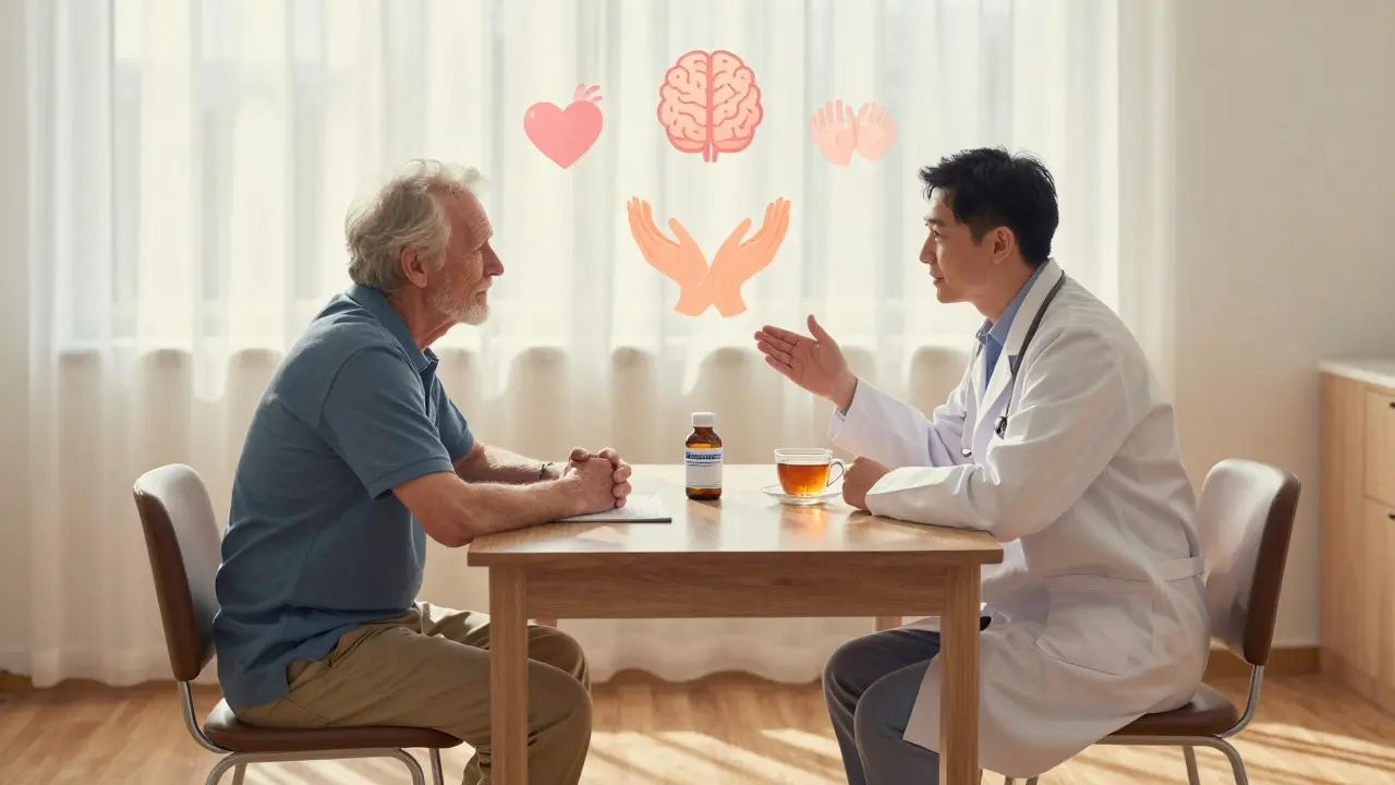 Consultorio tranquilo con un adulto mayor y un psiquiatra, una botella de buspirona sobre la mesa, luz solar suave y símbolos flotantes de corazón, cerebro y manos unidas.