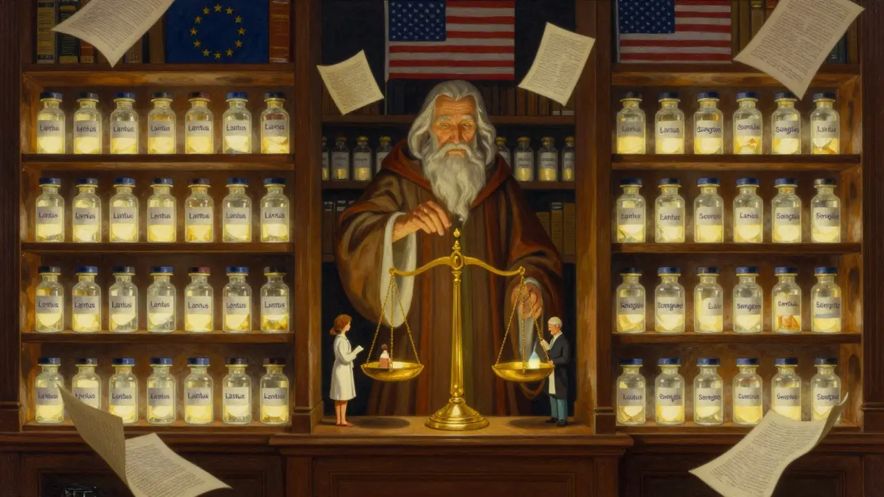 Dos filas de frascos de insulina iluminados se comparan en una balanza dorada, con figuras de pacientes igualadas, en una biblioteca mágica.