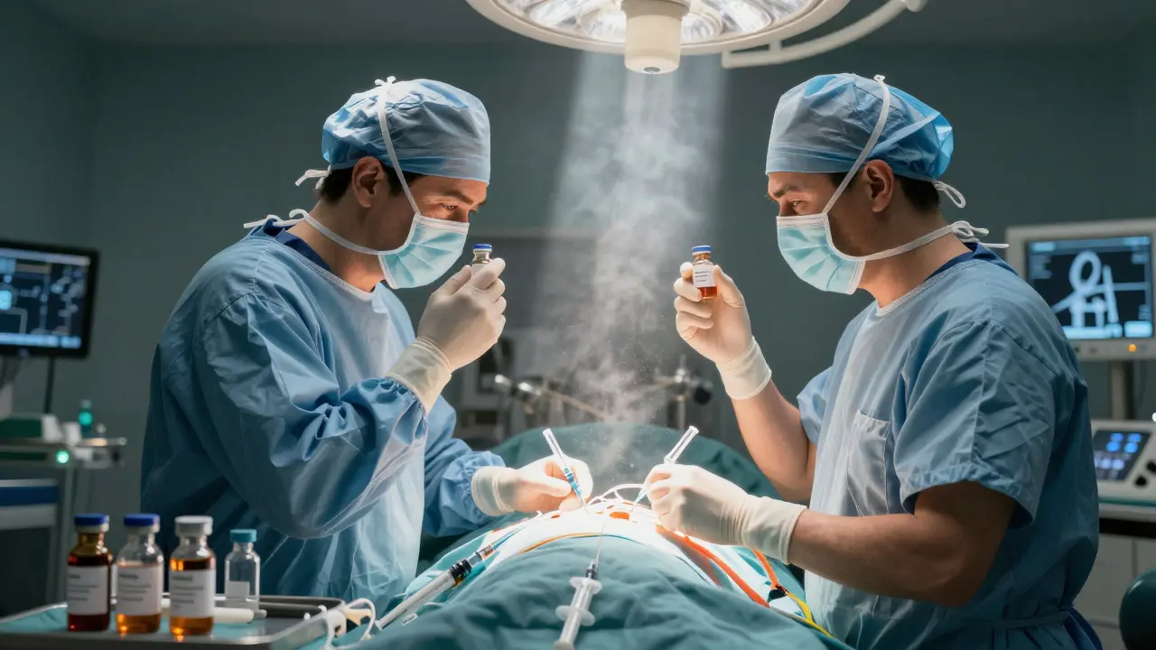 Equipo quirúrgico confirmando verbalmente una orden de medicamento bajo una luz etérea en el quirófano.