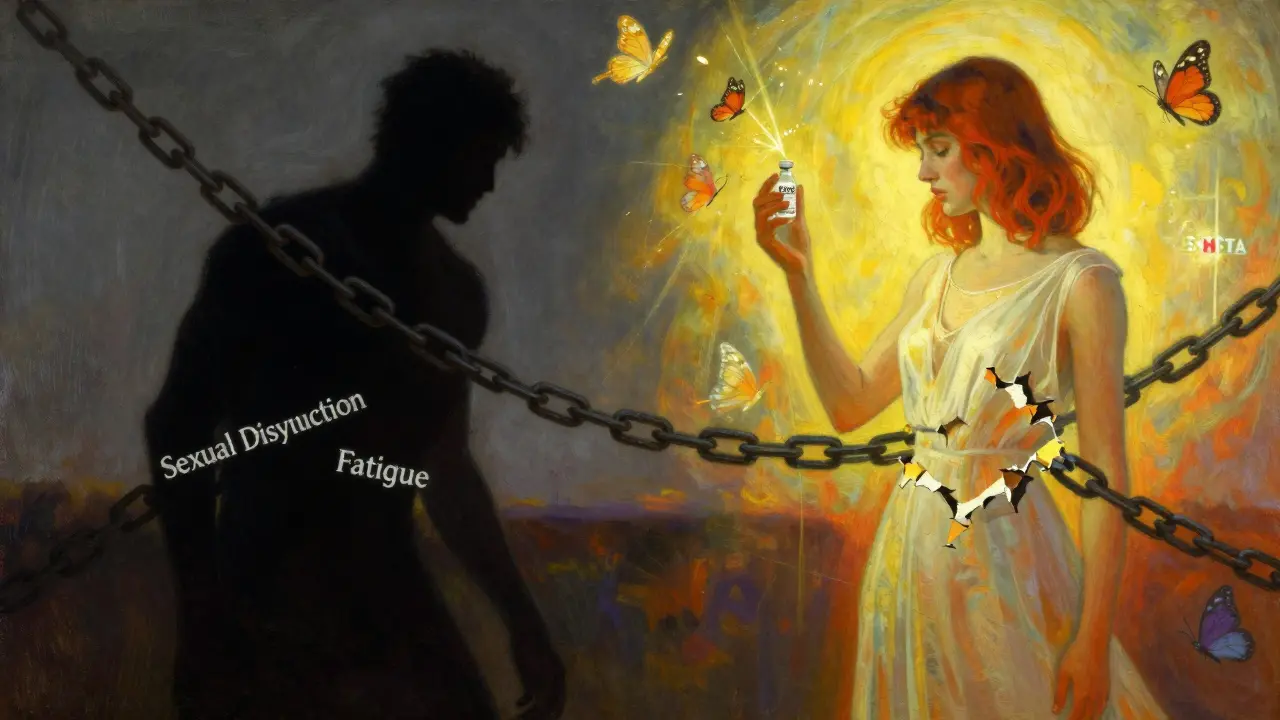 Figura liberada de cadenas simbólicas de disfunción sexual y fatiga, iluminada por luz cálida mientras sostiene buspirona, con mariposas de luz y un receptor 5-HT1A brillante.