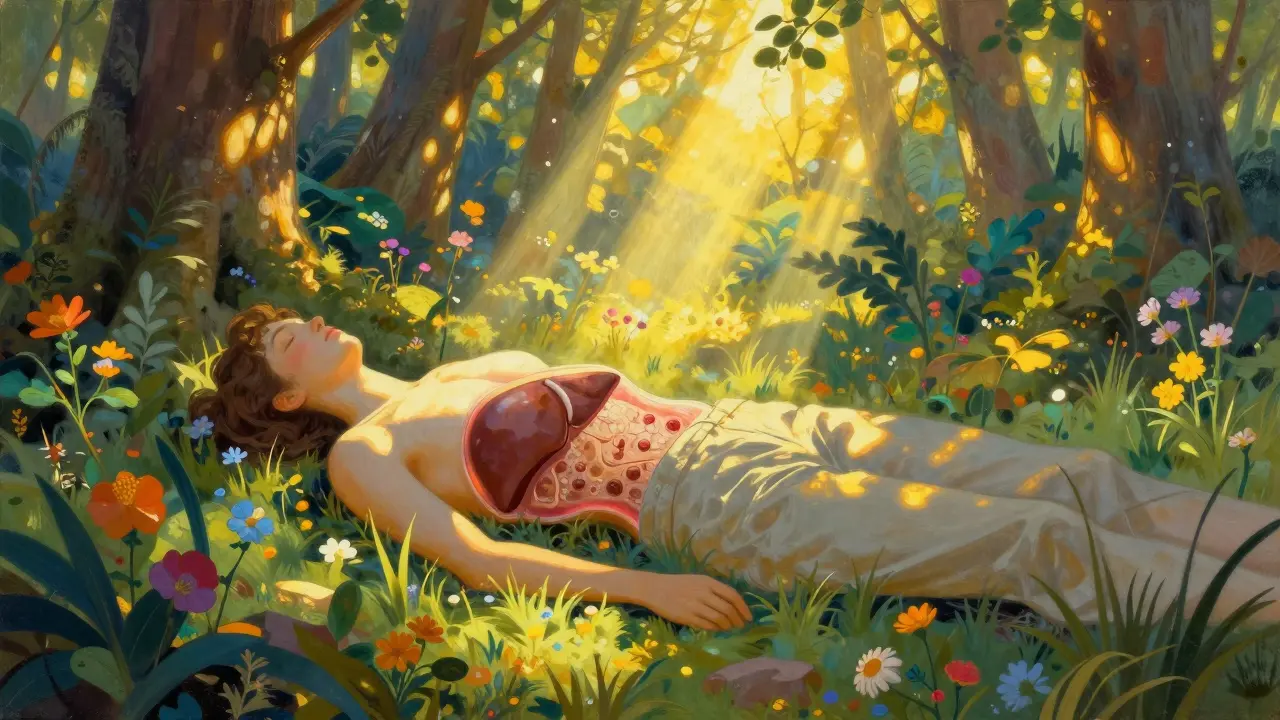 Hígado cicatrizado transformándose en tejido sano bajo luz dorada en un bosque