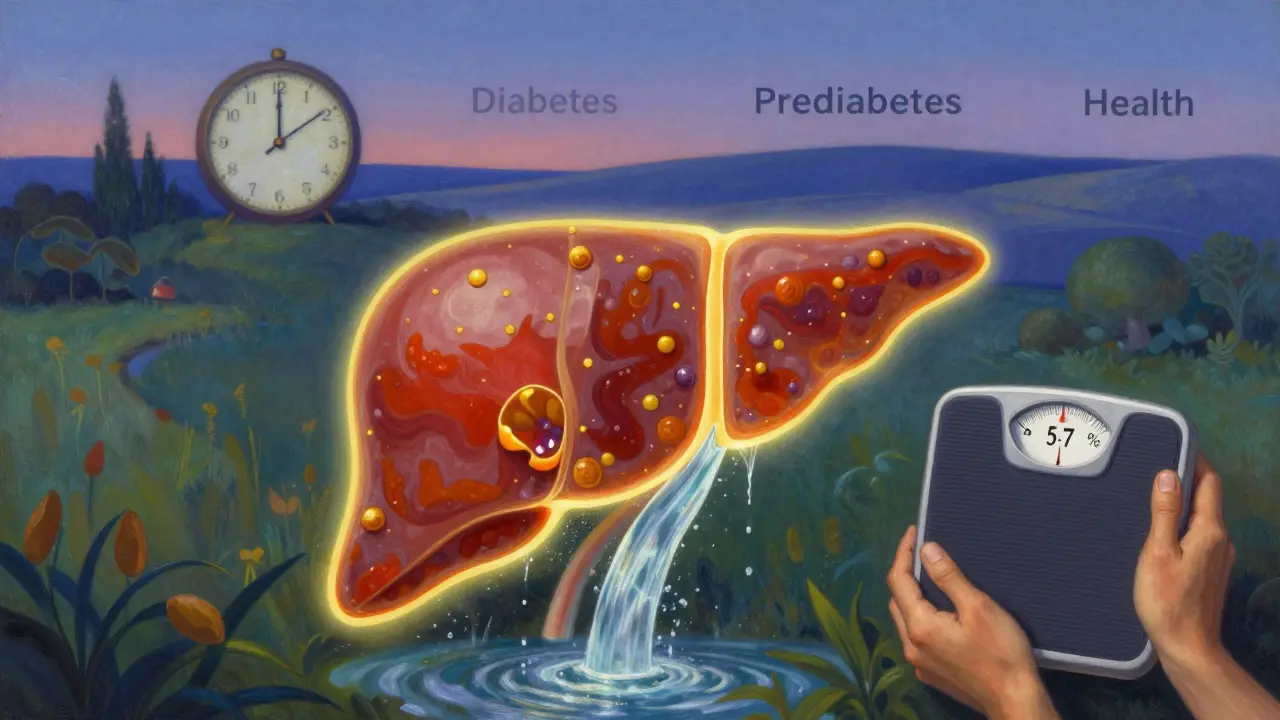 Hígado sanándose con flujos de agua, manos levantando una balanza con reducción de peso, reloj retrocediendo de diabetes a salud.