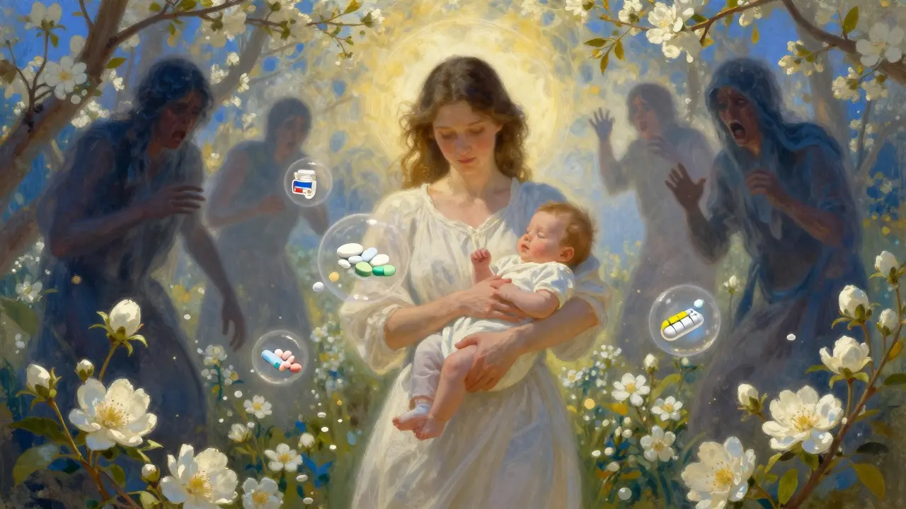 Madre en jardín con medicamentos seguros flotando como halos, mientras el miedo se disipa.