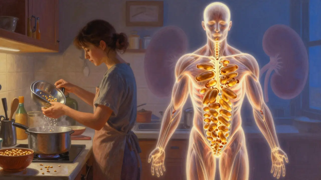 Paciente preparando legumbres mientras músculos se forman de aminoácidos, luz crepuscular, equilibrio renal.