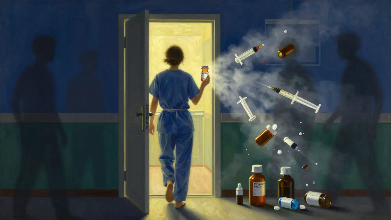 Paciente saliendo del hospital con medicación etiquetada mientras los errores se disuelven en la niebla.