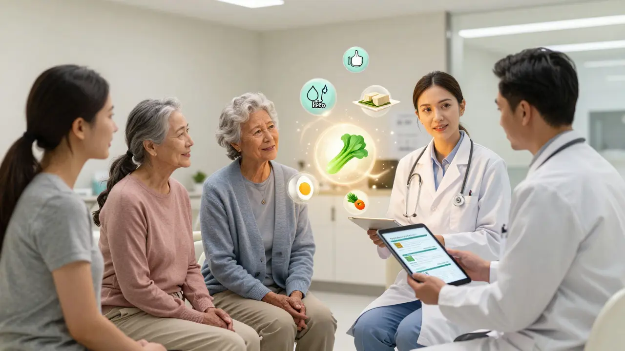 Pacientes con dietista, algoritmos nutricionales y alimentos renales flotantes, luz cálida, nutrición personalizada.