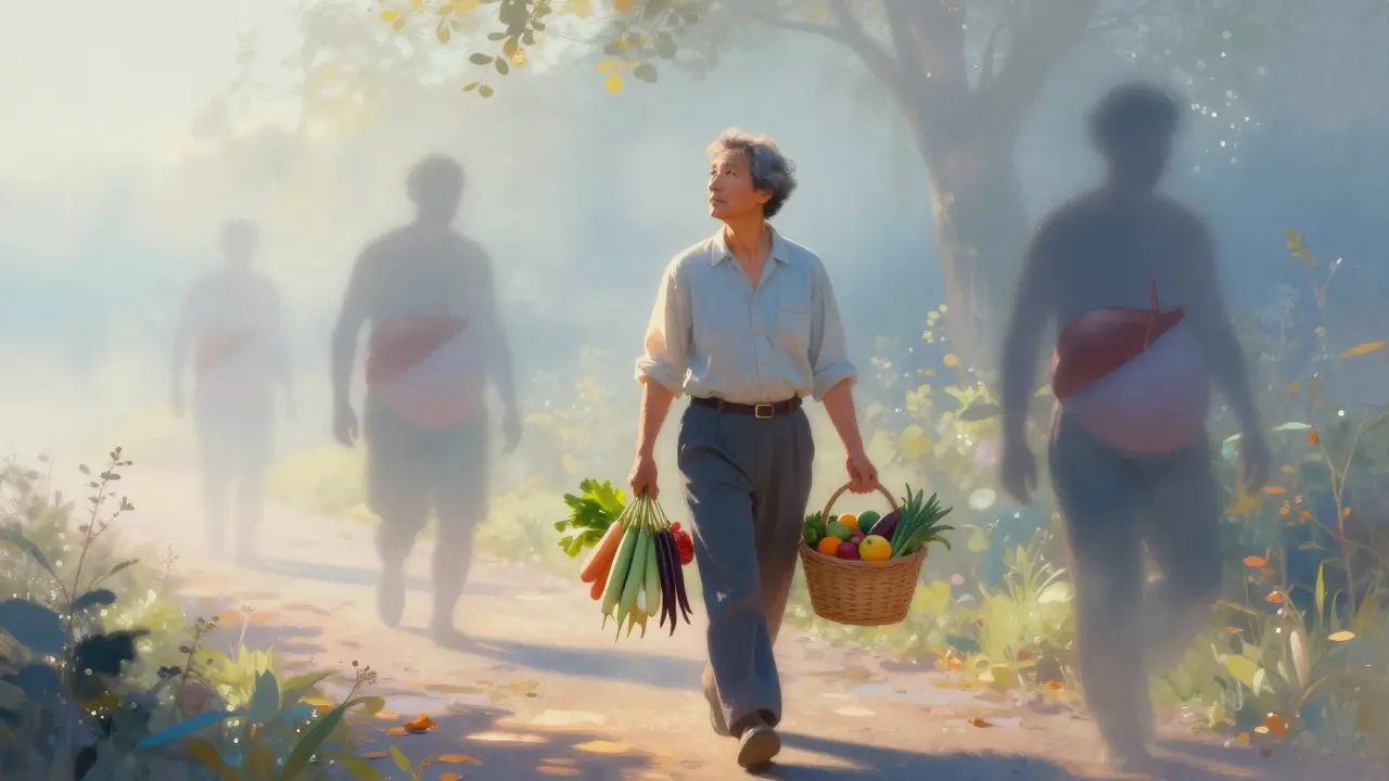Persona caminando al amanecer con verduras y frutas, mientras figuras sombrías de deterioro metabólico se desvanecen en la bruma.
