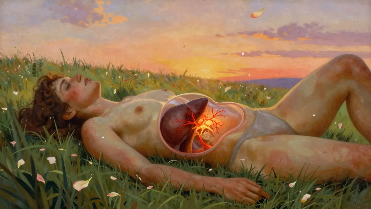 Persona con ictericia y hinchazón abdominal en un prado, hígado inflamado visible