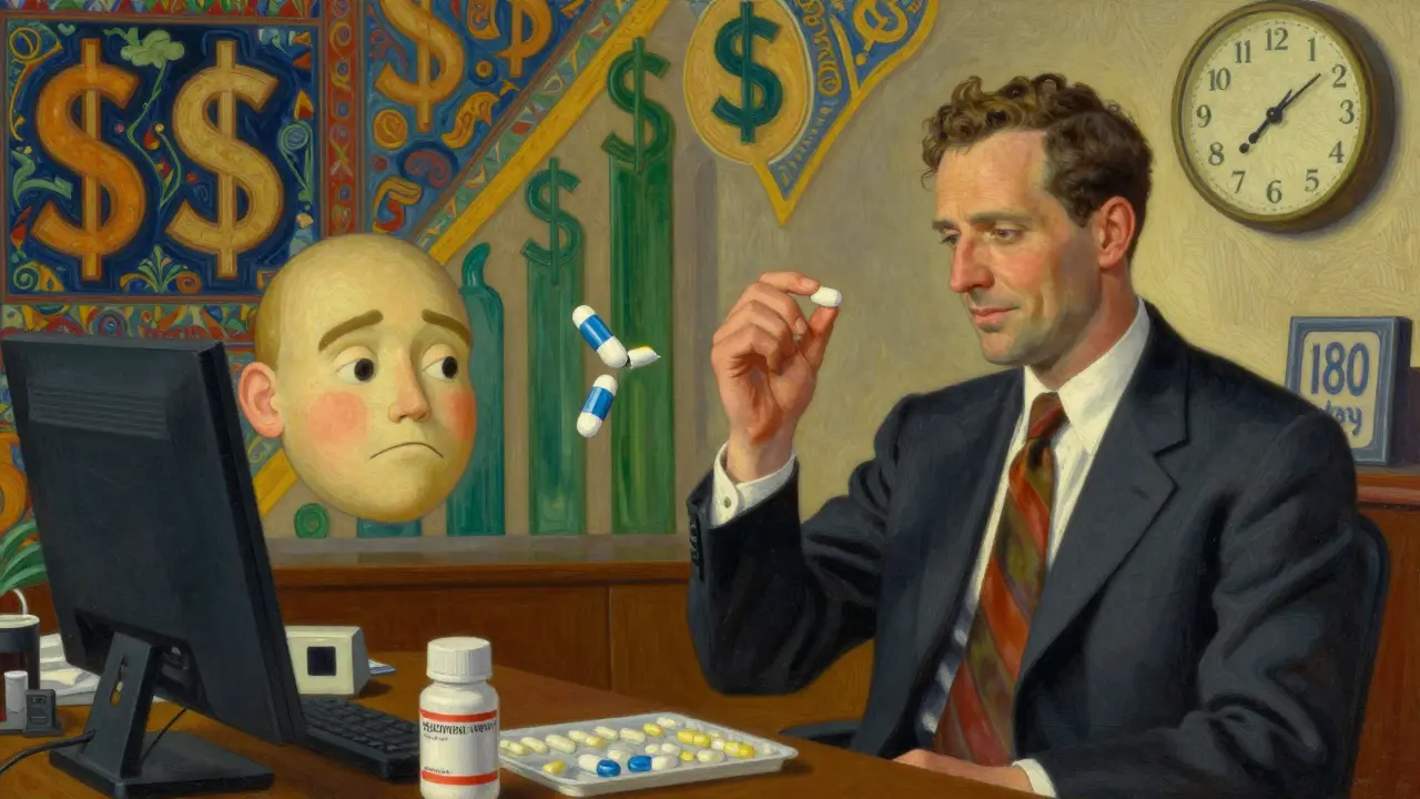 Un ejecutivo observa cómo una pastilla se divide en dos caminos: uno económico y otro idéntico a la marca.