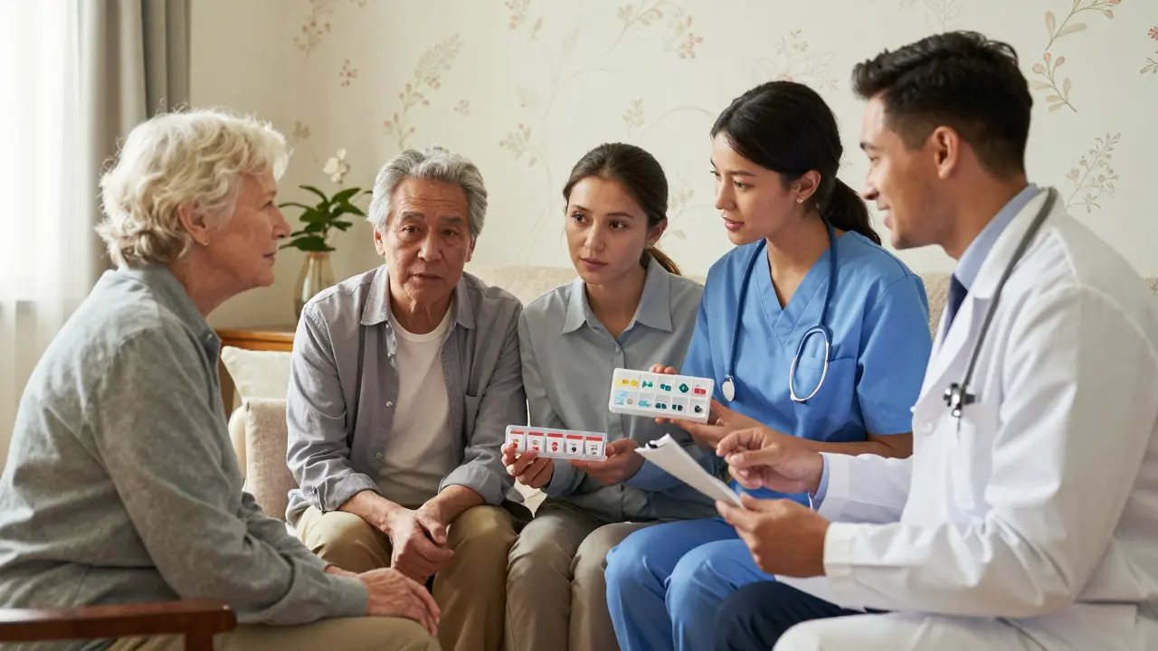 Un equipo de cuidado revisa juntos una lista de medicamentos en un hogar acogedor, con luz suave y detalles delicados.