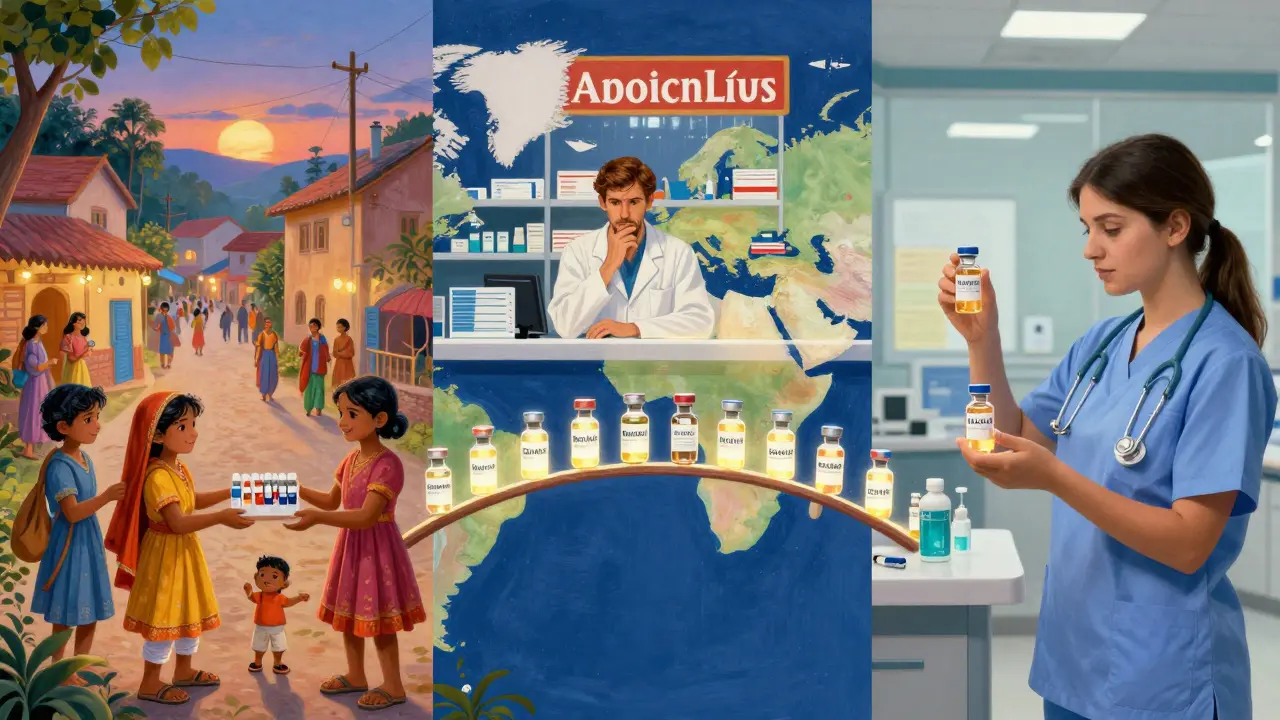 Un mosaico global muestra el acceso a biosimilares en la India, EE.UU. y Europa, con frascos brillantes conectando las regiones.