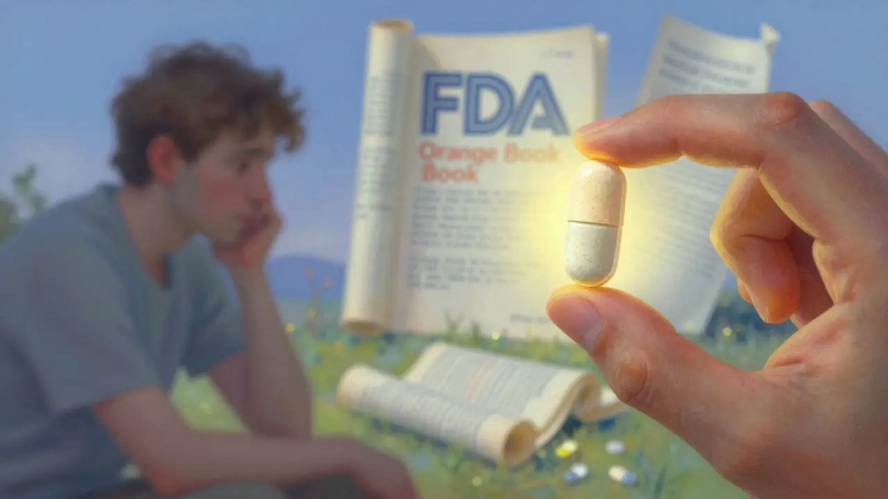 Una pastilla autorizada brilla junto a una genérica tradicional, en un paisaje simbólico de documentos médicos.