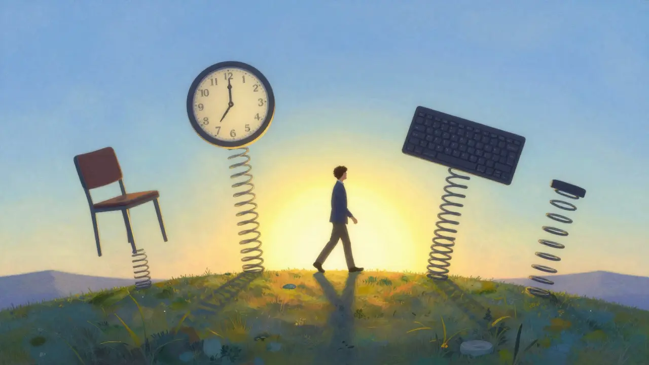 Una persona camina hacia un horizonte brillante, sostenida por símbolos de acomodaciones laborales.