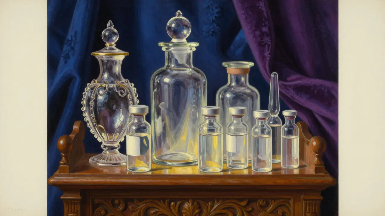 Botellas medicinales ornamentadas convirtiéndose en frascos genéricos transparentes sobre estante.