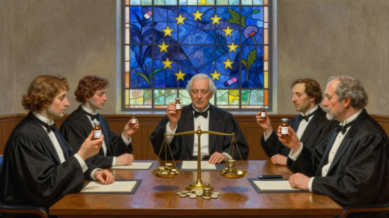 Cinco naciones europeas juzgan precios de medicamentos genéricos en una escena simbólica con luz celestial y tonos dorados.