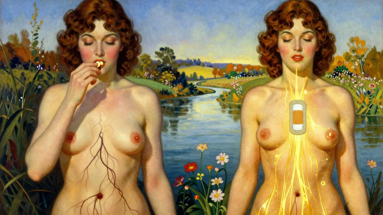 Comparación simbólica: pastilla con riesgos de coágulos vs. parche con luz dorada y paisaje sereno.