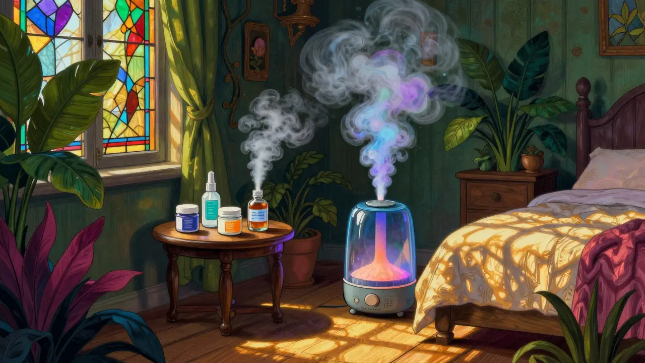 Escena acogedora con humidificador y productos nasales para prevenir sequedad
