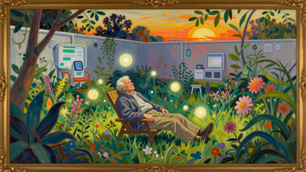 Figura mayor descansando en jardín exuberante con luces flotantes de cuidado médico.