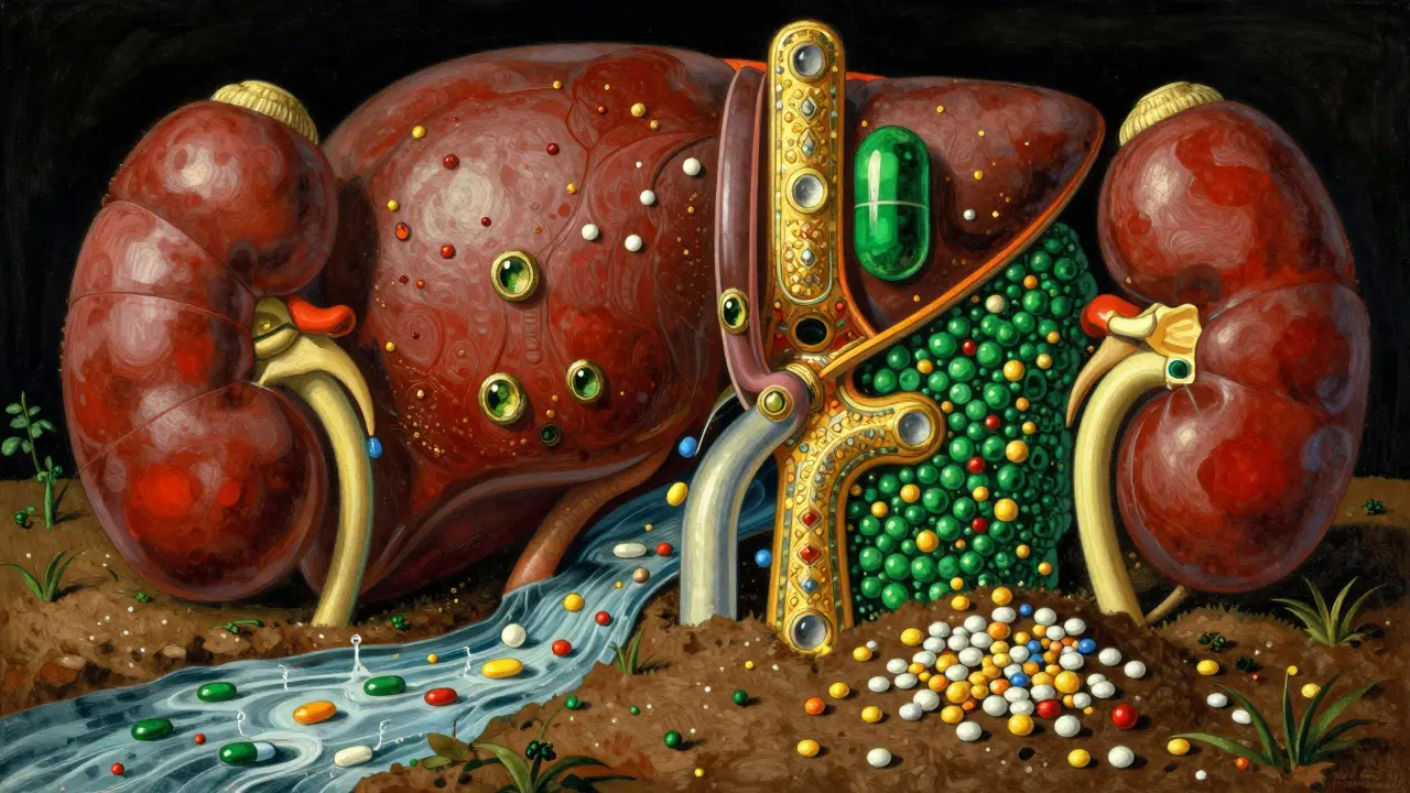 Ilustración de órganos internos filtrando partículas de medicación