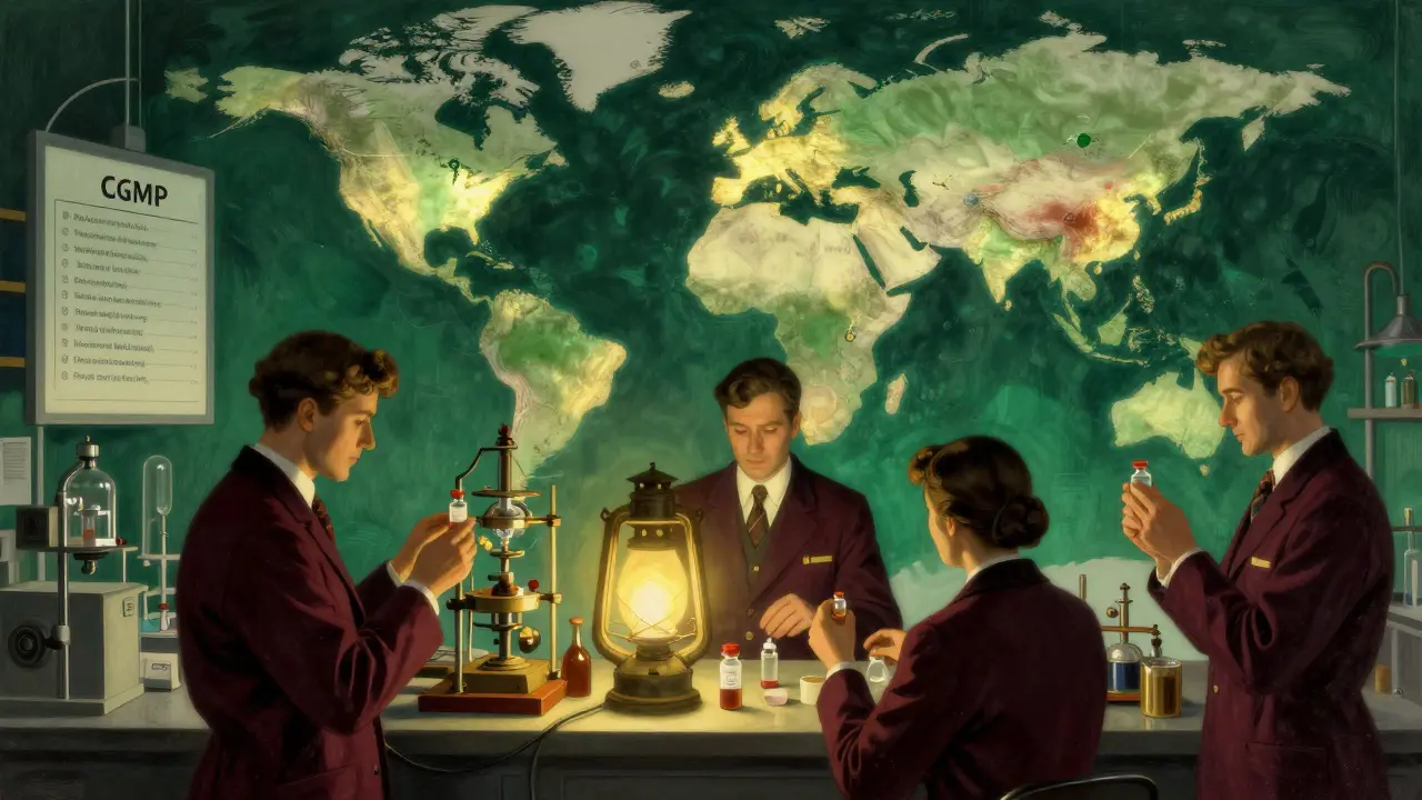 Laboratorio con inspectores examinando medicamentos, mientras un mapa mundial muestra puntos de inspección de la FDA.