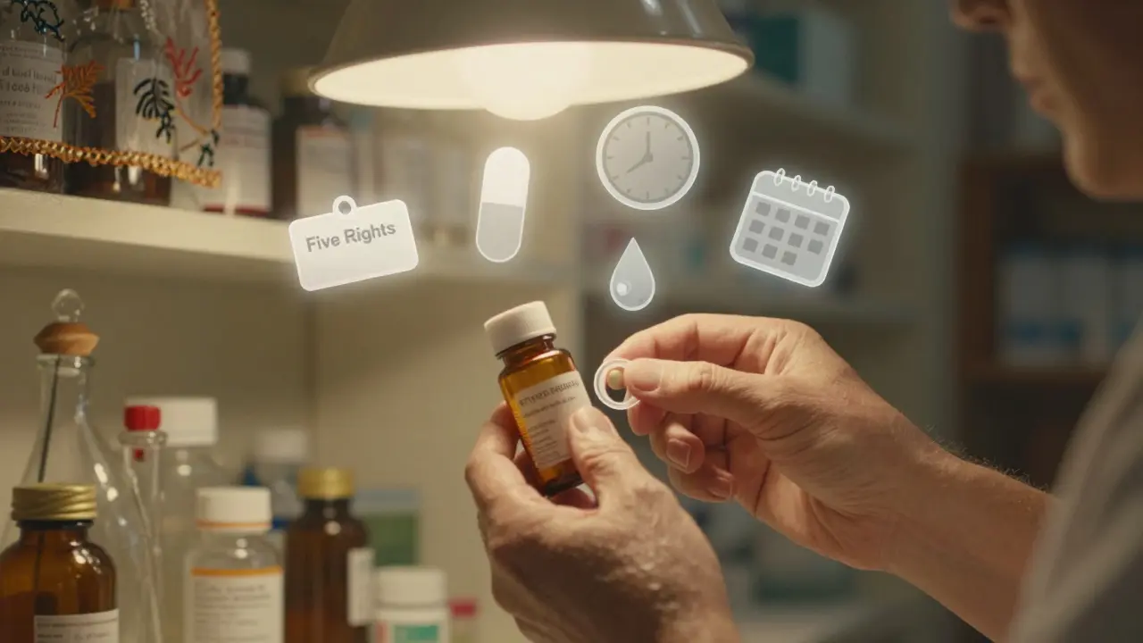 Manos sosteniendo un frasco de medicamento con iconos flotantes que representan los cinco derechos de la medicación.