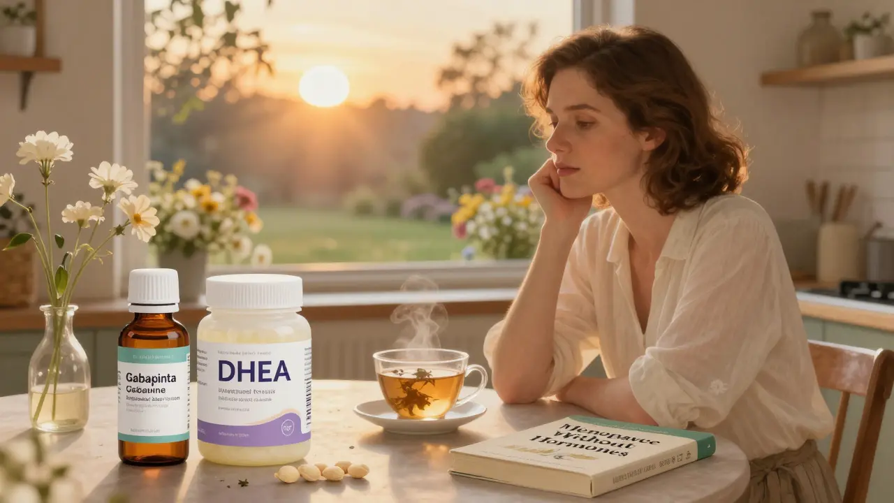 Mujer rodeada de alternativas no hormonales ante una ventana con amanecer, en un ambiente cálido y tranquilo.