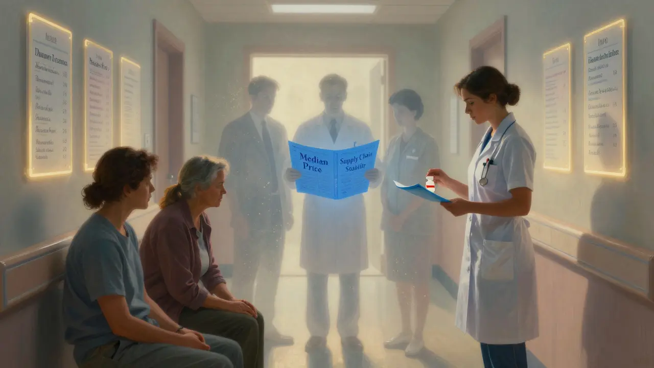 Pacientes reciben medicamentos genéricos mientras figuras detrás de ellos sostienen planos de precios justos y estabilidad de suministro.