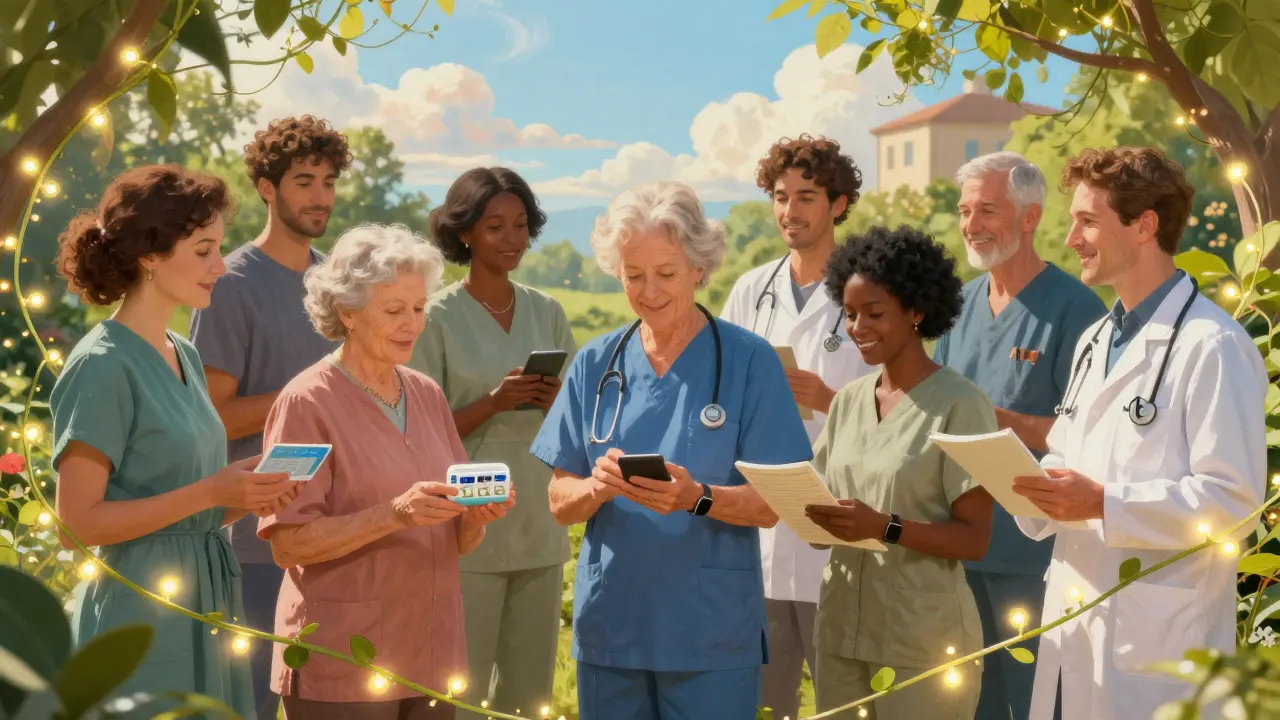 Pacientes y profesionales de salud se conectan en un jardín iluminado, con dispositivos y redes de luz que simbolizan el cuidado integrado.