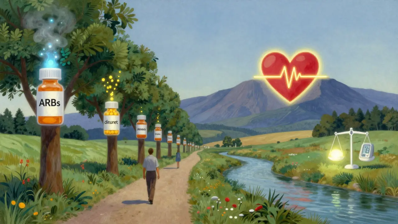 Paisaje médico con árboles en forma de pastillas y un corazón montaña que emite pulso suave, representando control de presión arterial.