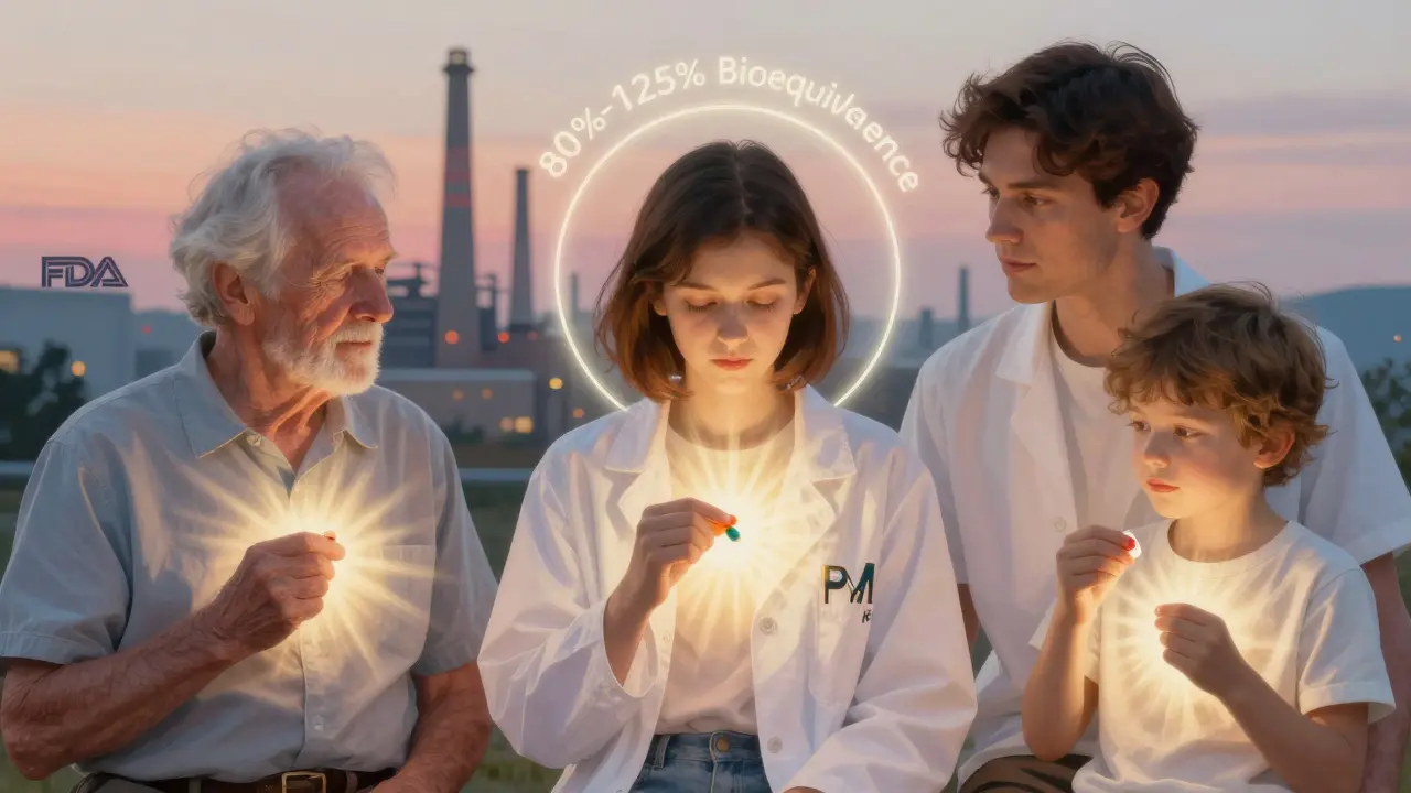 Tres pacientes con pastillas genéricas de colores distintos, iluminados por una luz dorada que simboliza igual eficacia terapéutica.