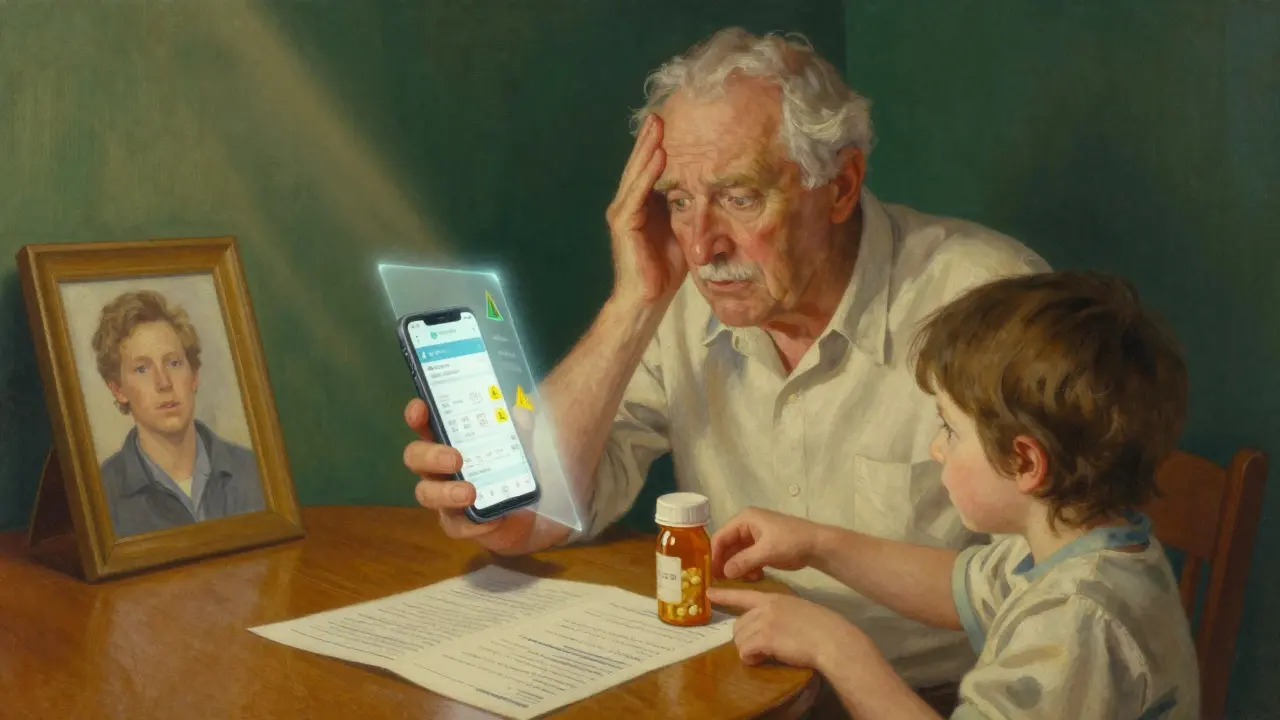 Un anciano mira confundido una app de farmacia digital, mientras su nieto le ayuda con una guía impresa al lado.