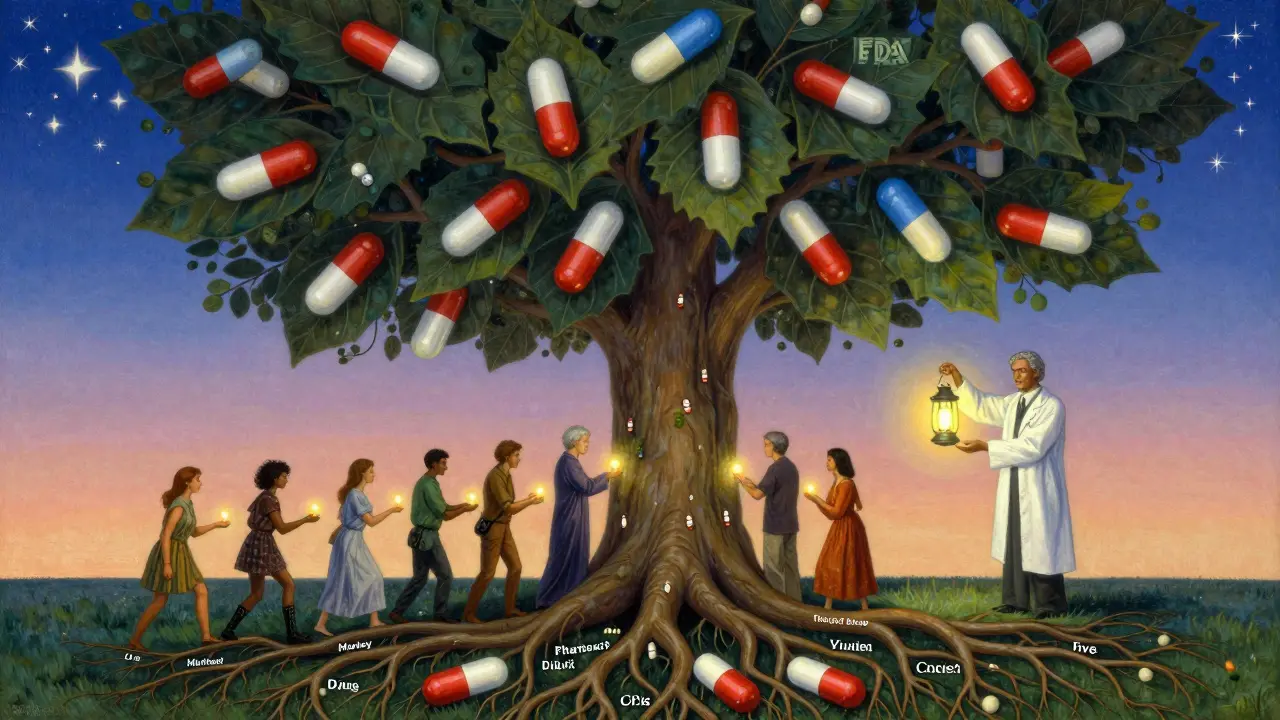 Un árbol mítico con cápsulas como hojas alimenta a personas que reciben medicamentos genéricos, bajo un cielo que simboliza la esperanza.