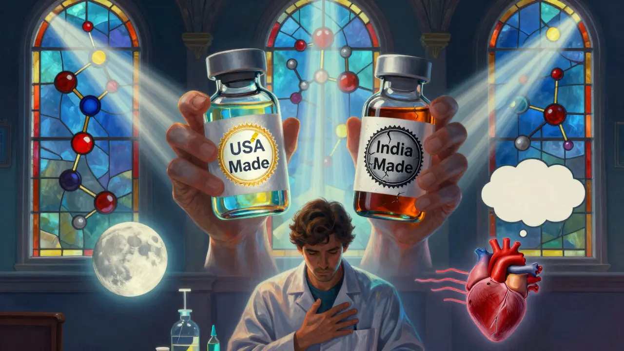 Un farmacéutico sostiene dos frascos de medicamentos, uno con sello brillante y otro con sello dañado, bajo ventanas de vidrieras moleculares.