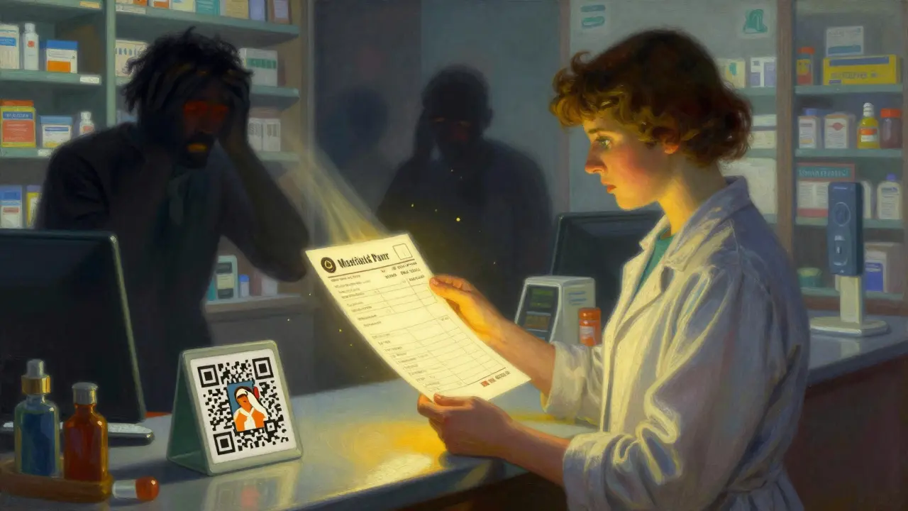 Un paciente sostiene una etiqueta de receta en letra grande, con un código QR que emite luz y animaciones de uso correcto.