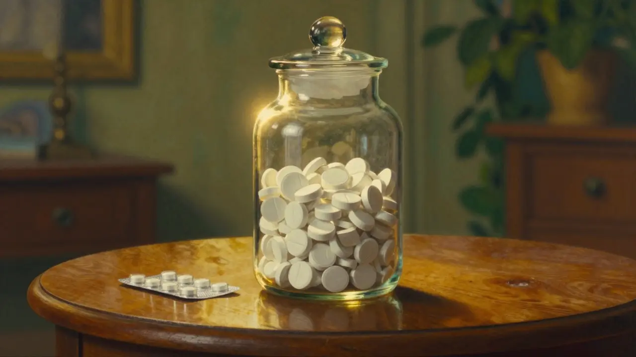 Bote grande de pastillas genéricas junto a un paquete pequeño, resaltando el ahorro por cantidad.