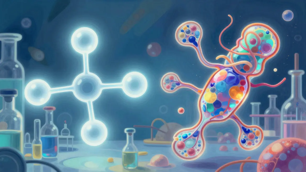 Comparativa visual entre una molécula simple y una estructura biológica compleja e irisada.