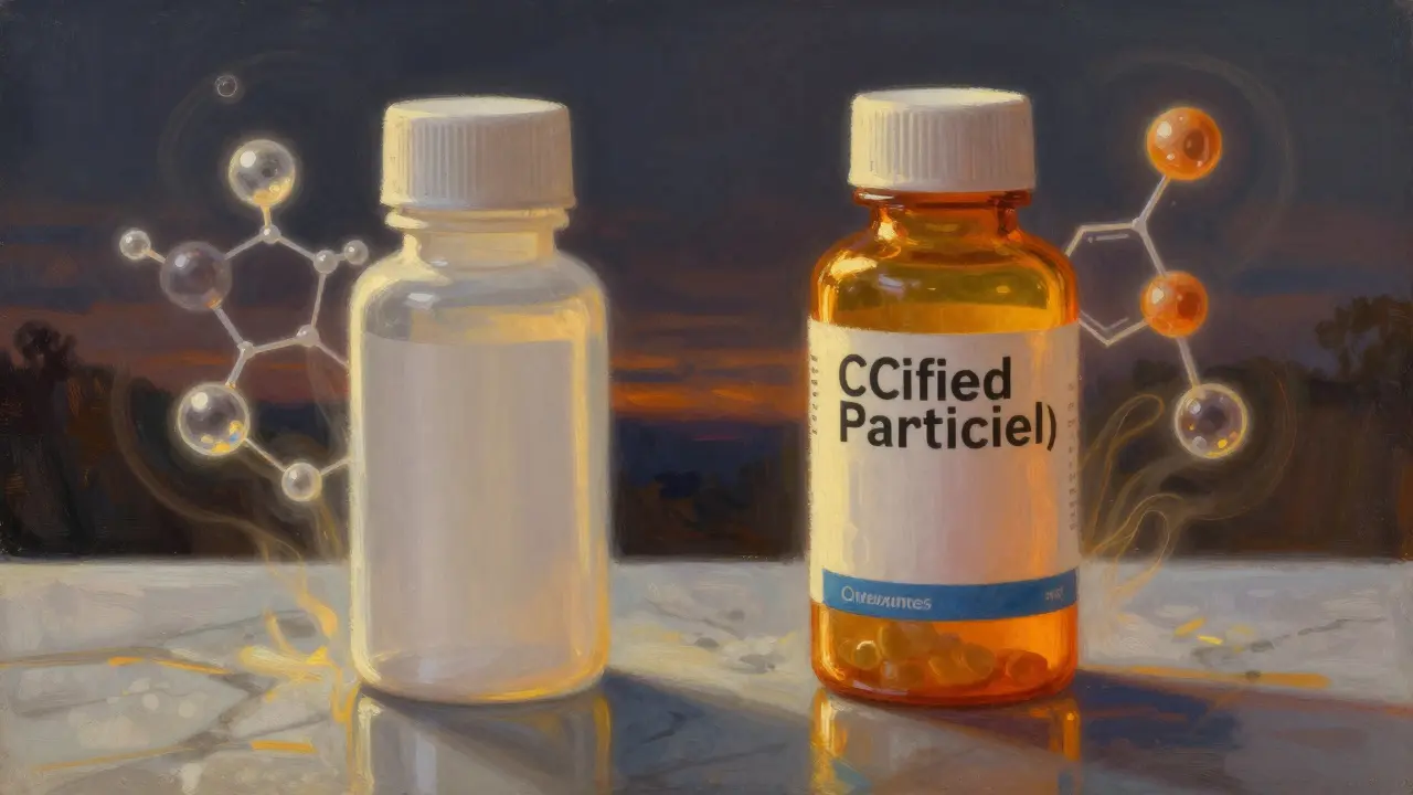 Dos frascos de medicamentos, uno genérico y otro de marca, con estructuras químicas idénticas.