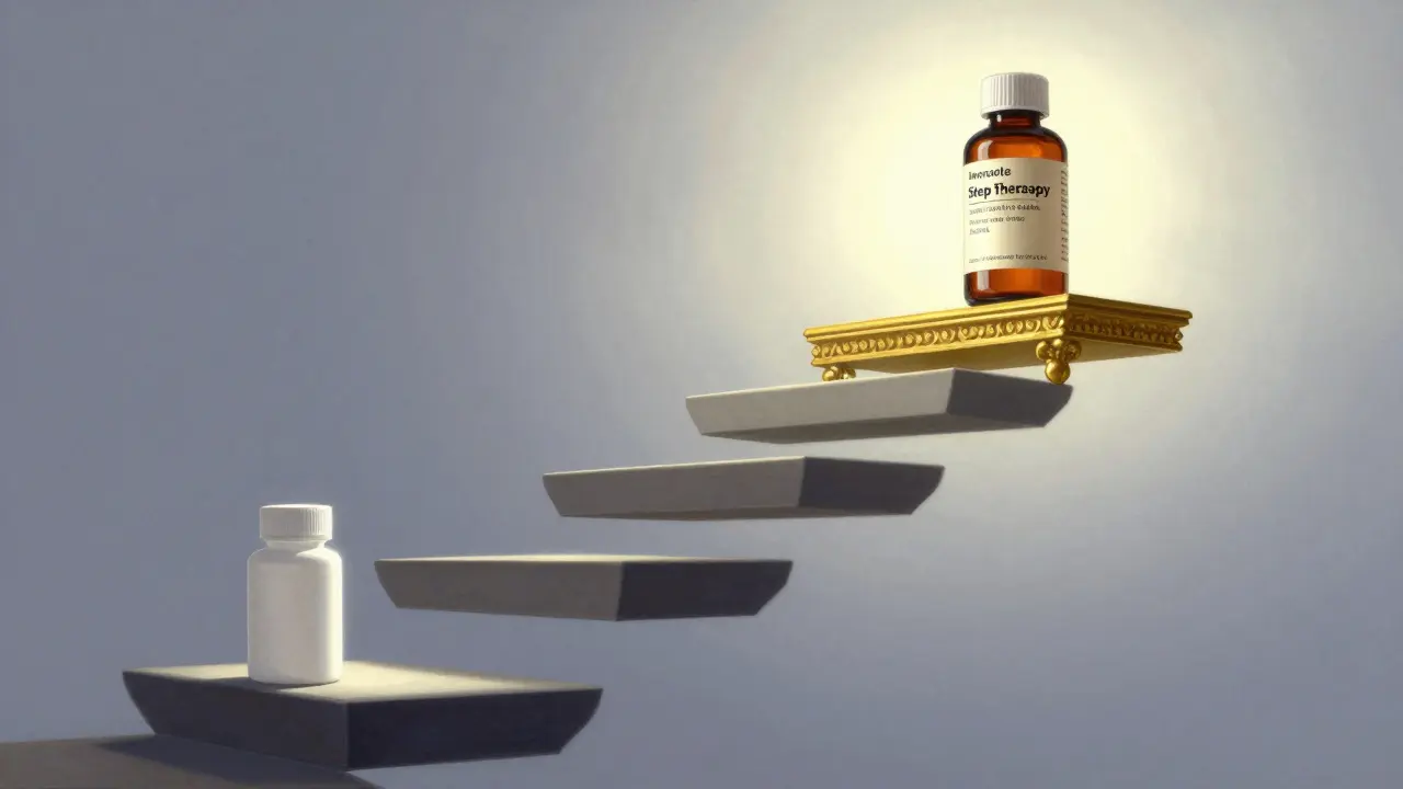 Escalera metafórica que representa los niveles de coste entre medicamentos genéricos y de marca.