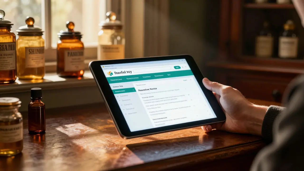 Farmacia clásica con una tableta digital en estilo artístico y luminoso.