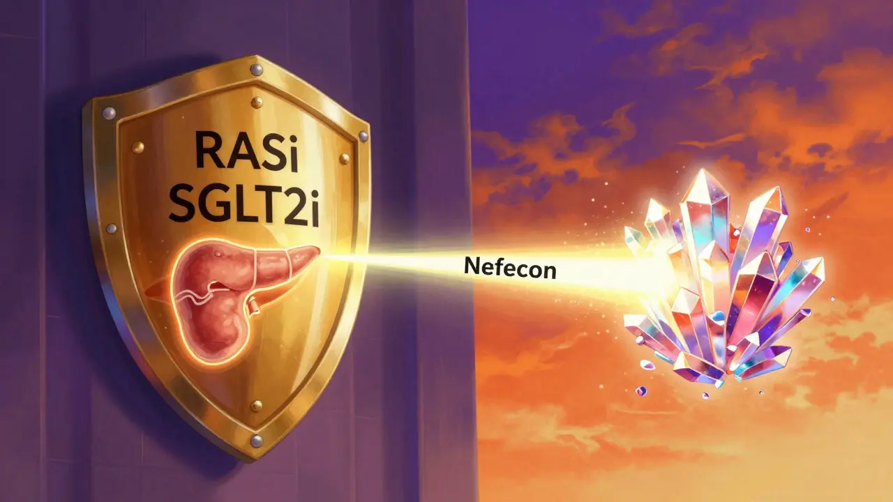 Ilustración conceptual de terapias combinadas protegiendo la función renal.