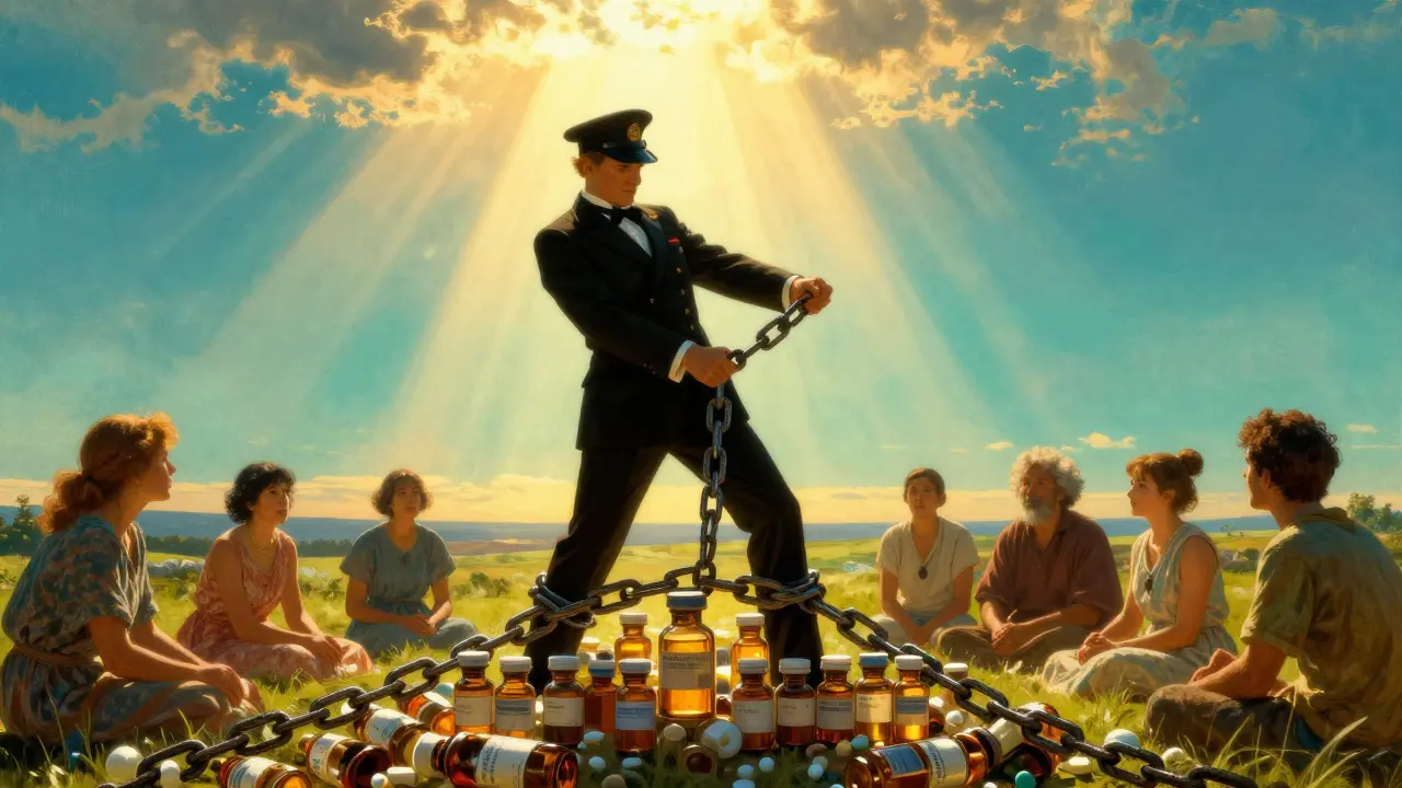 Imagen de cadenas rompiéndose para liberar el acceso a medicamentos genéricos.