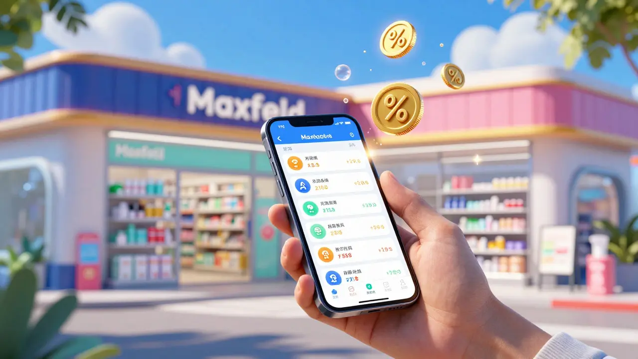 Mano usando smartphone para comparar precios de medicamentos con símbolos de ahorro flotando.