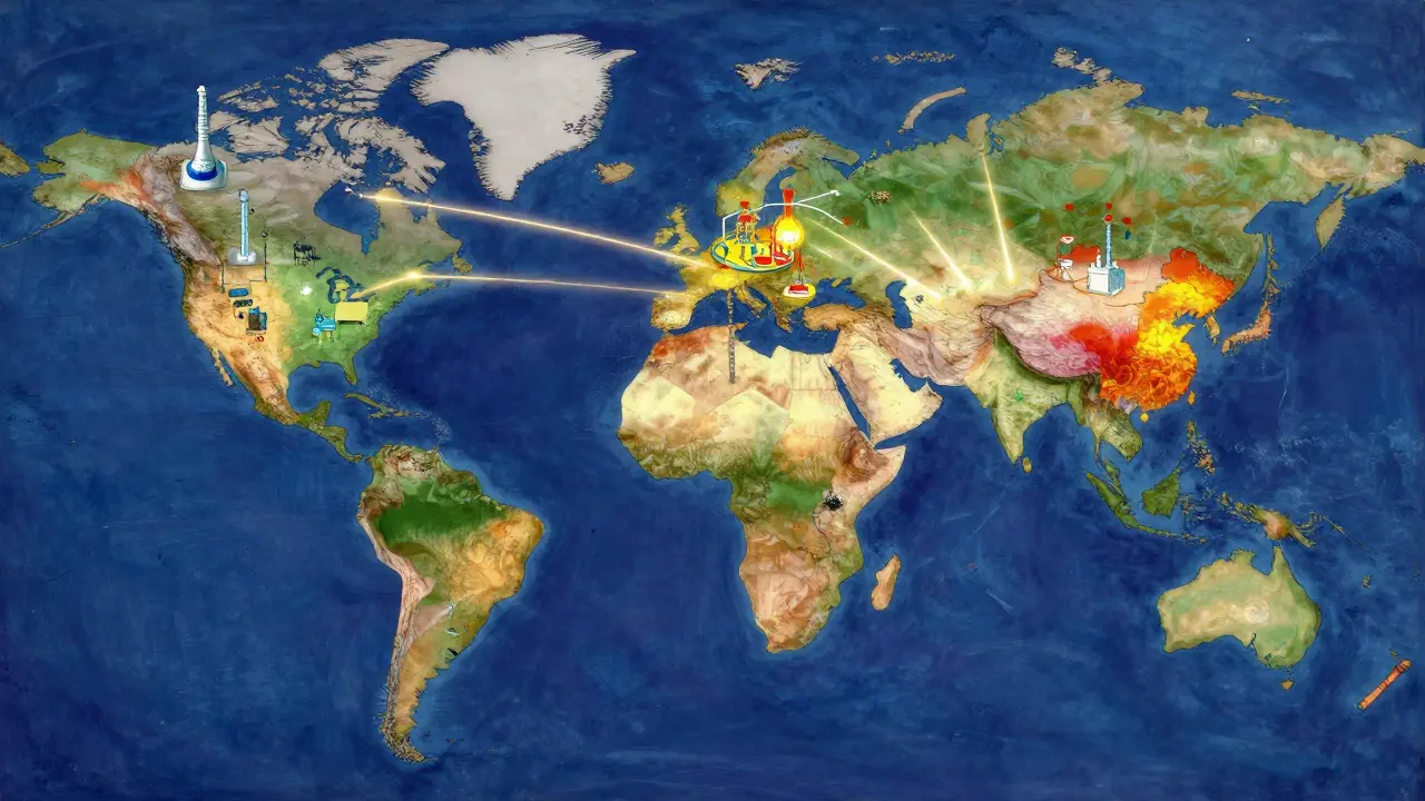 Mapa conceptual brillante que conecta laboratorios globales con centros de producción de principios activos.