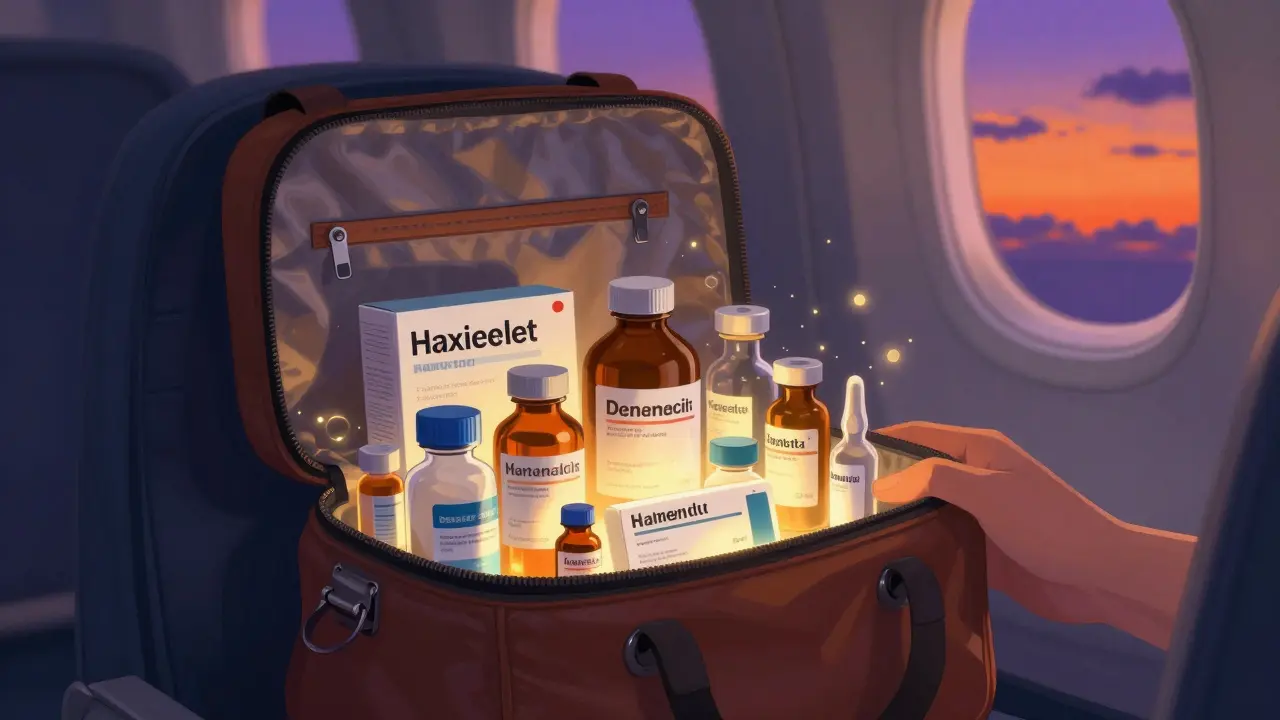 Medicamentos en sus envases originales dentro de un equipaje de mano en un avión