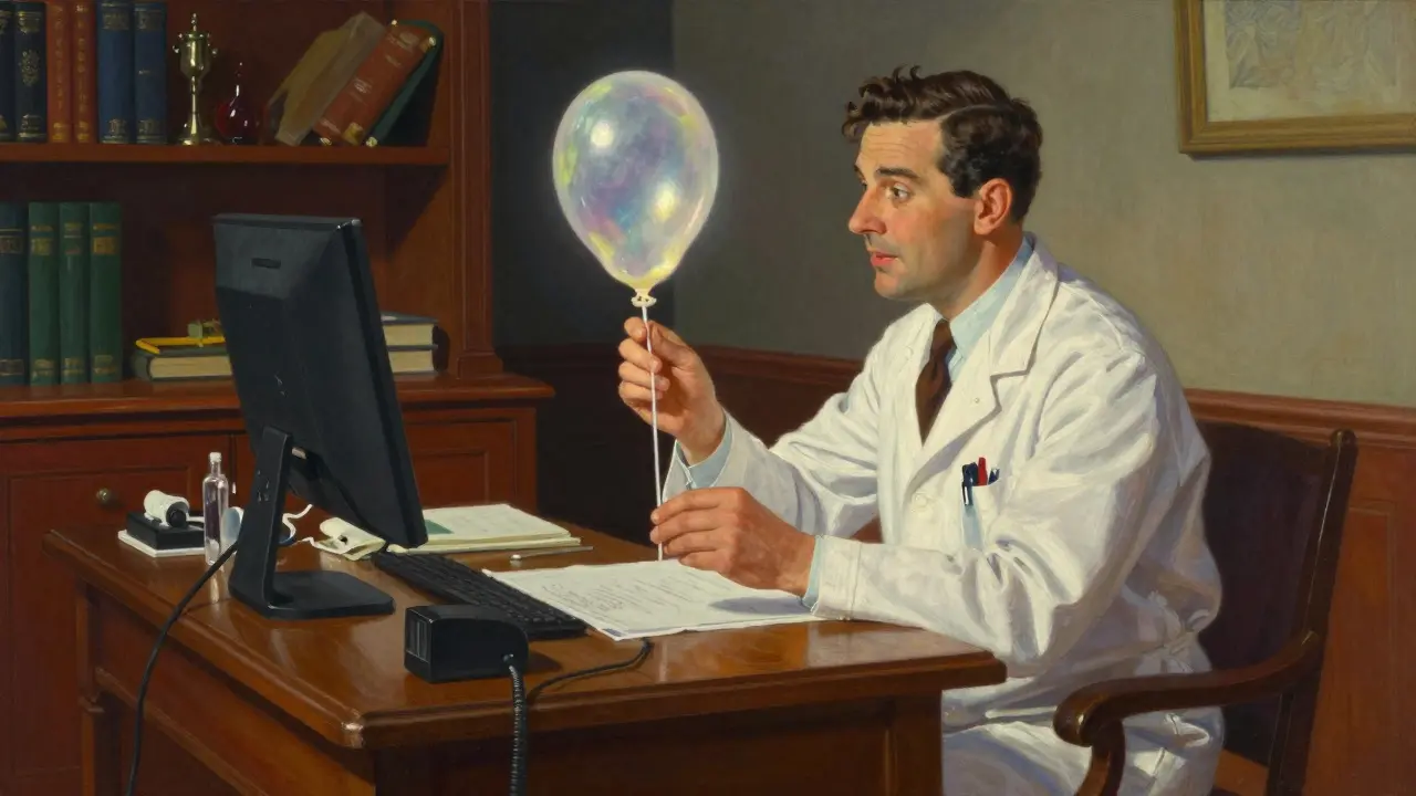 Médico explicando el procedimiento de dilatación con balón para el oído