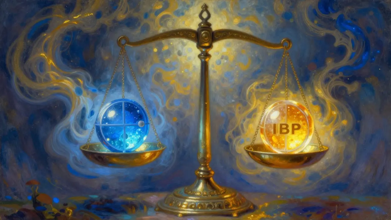 Metáfora visual de una balanza con pastillas de colores simbolizando el equilibrio entre dos medicamentos.