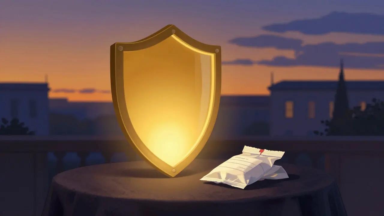 Paquete de medicamentos protegido por un escudo de luz dorada.