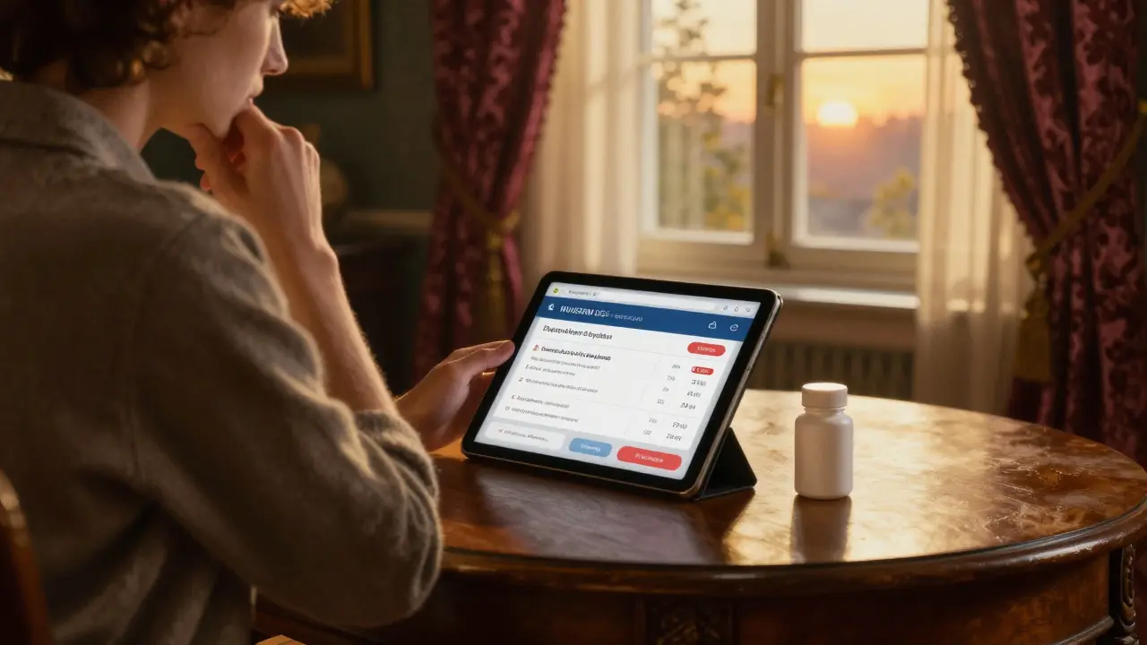 Persona comparando precios de medicamentos genéricos en una tableta en una habitación iluminada por el atardecer.