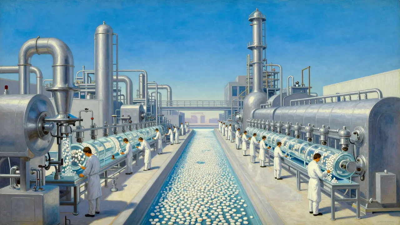 Planta farmacéutica idealizada mostrando la producción masiva y eficiente de medicamentos genéricos.